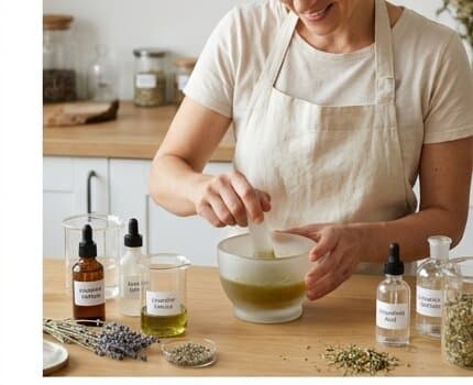Founder formulating botanical skincare in the kitchen